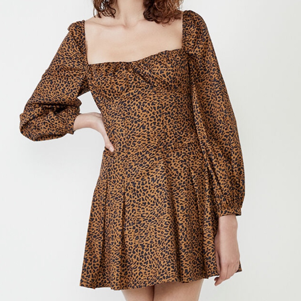 Bardot leopard animal print skater dress medium long sleeve mini brown women’s - Picture 4 of 14